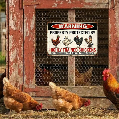 Warning Highly Trained Chickens Tin Sign For Chicken Coops And Farm Decor Funny Backyard Fence Sign Gag Gift For Chicken Lovers Weather Resistant Metal 8x12 Inch Outdoor Wall Plaque on coop door with chickens nearby.