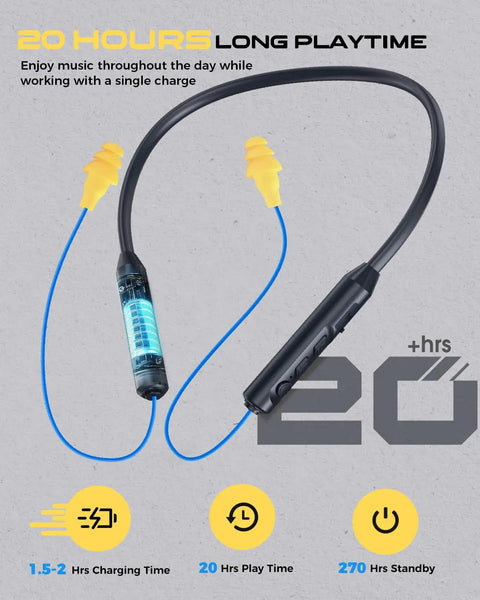 Neckband Wireless Earbuds With 29 dB Noise Reduction, Isolation In Ear Earplugs, IPX6 Sweatproof, All Day Battery, Easy Music And Call Controls, Blue For Work.
