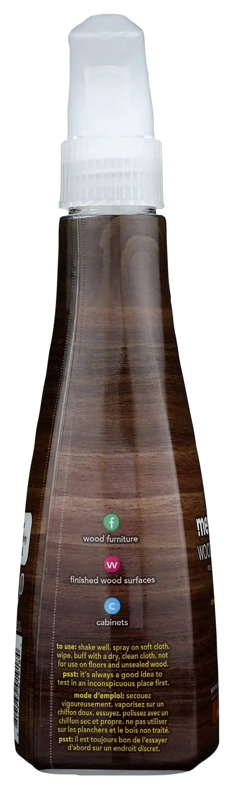 Top Tier Wood Polish Spray With Sweet Almond Scent For Furniture And Cabinets 14 oz bottle with instructions for use.