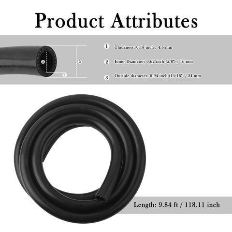 Coiled black silicone heater hose, 9.84 ft, 16 mm ID (5/8 in), 24 mm OD; for water/air/coolant in automotive use