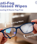 Anti-Fog Glasses Wipes demonstration on blue eyeglasses with foggy vs clear lenses.