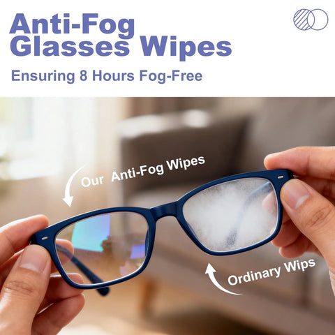 Anti-Fog Glasses Wipes demonstration on blue eyeglasses with foggy vs clear lenses.