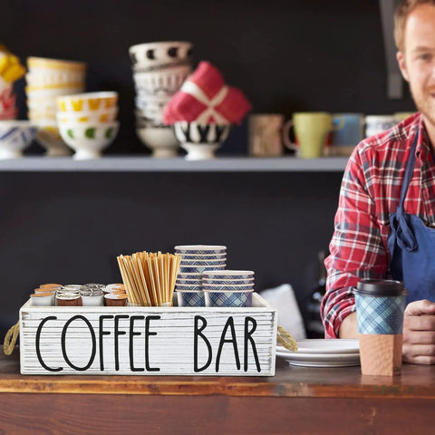 Rustic Wood Coffee Bar Organizer For Countertop With K Cup Holder And Pod Storage on kitchen counter