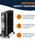 Oil Filled Radiator Space Heater 1500W With ComfortTemp Auto Thermostat beside safety features infographic.