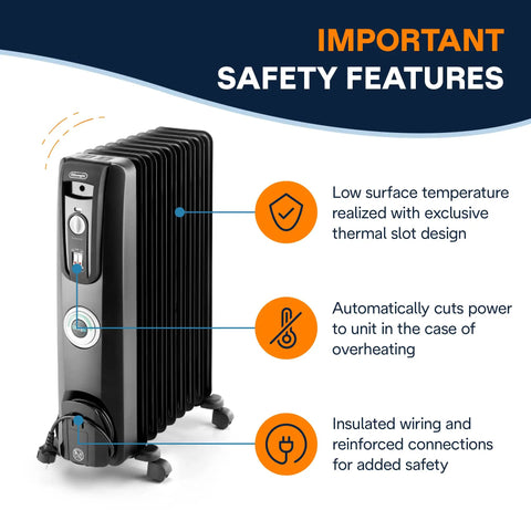 Oil Filled Radiator Space Heater 1500W With ComfortTemp Auto Thermostat beside safety features infographic.