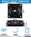 Two Pack Seven Inch Square Swivel Base Delivering A Tight Fit And Smooth Operator Spin Heavy Duty Flat Mount Bracket For Boat Seats Recliners And Bar Stools Black, top and bottom view showing dimensions.