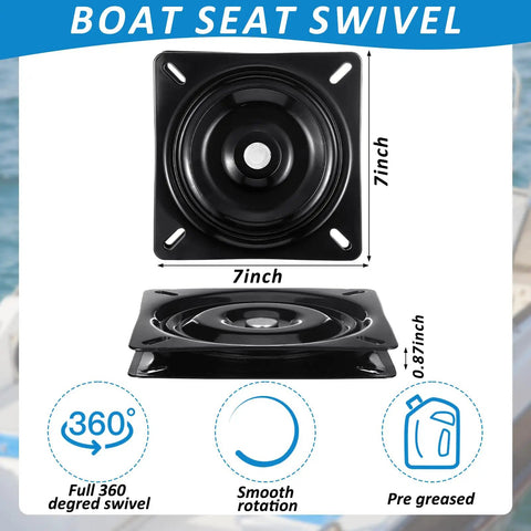Two Pack Seven Inch Square Swivel Base Delivering A Tight Fit And Smooth Operator Spin Heavy Duty Flat Mount Bracket For Boat Seats Recliners And Bar Stools Black, top and bottom view showing dimensions.