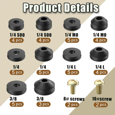 48 Piece Outdoor Faucet Washer Kit With Brass Screws And Flat And Beveled Washers for faucet repairs, various sizes shown.