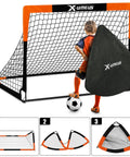 Backyard Kids Soccer Goal Set For Training And Fun Two Pack 6 By 4 Feet Or 4 By 3 Feet Pop Up Soccer Net With Ball Ladder And Carry Bag Ideal Outdoor Gift For Ages 3 To 12 shown with a child holding a carry bag and a soccer ball in front of an assembled goal.