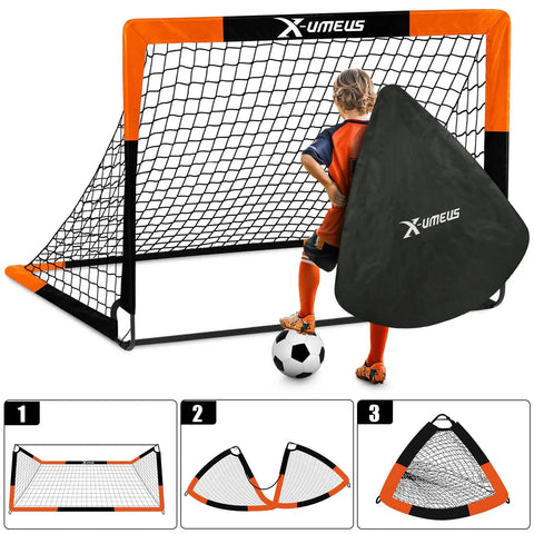Backyard Kids Soccer Goal Set For Training And Fun Two Pack 6 By 4 Feet Or 4 By 3 Feet Pop Up Soccer Net With Ball Ladder And Carry Bag Ideal Outdoor Gift For Ages 3 To 12 shown with a child holding a carry bag and a soccer ball in front of an assembled goal.