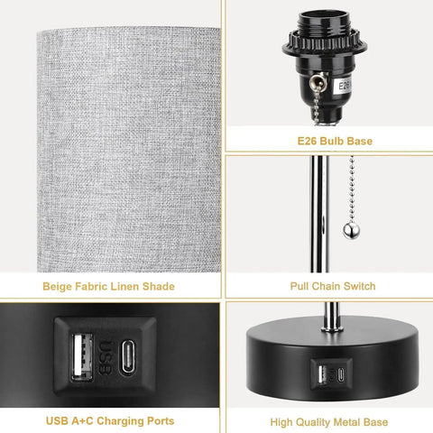 Three Color Temperature Bedside Lamp With USB A Port And USB C Port, No Frills Compact Nightstand Table Lamp details including base.