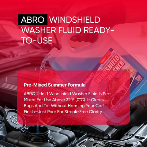 Heavy Duty One Gallon Windshield Washer Fluid With Tough Bug And Tar Blasting Blend For Darn Clean Streak Free Glass On Your Favorite Road Warrior Family Ride being poured into a car.