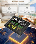 Indoor Outdoor Wireless Weather Station With Large Six Point Seven Inch LCD Display Digital Thermometer Hygrometer Barometric Pressure Real Time Weather Forecast Alarm Clock Temperature And Humidity Calibration For Home showing temperature and humidity readings.