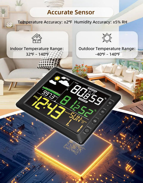 Indoor Outdoor Wireless Weather Station With Large Six Point Seven Inch LCD Display Digital Thermometer Hygrometer Barometric Pressure Real Time Weather Forecast Alarm Clock Temperature And Humidity Calibration For Home showing temperature and humidity readings.
