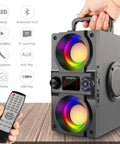 Front view of Beast Mode 40W Portable Bluetooth Speaker with colorful lights, dual subwoofers, and heavy bass, with remote control included.