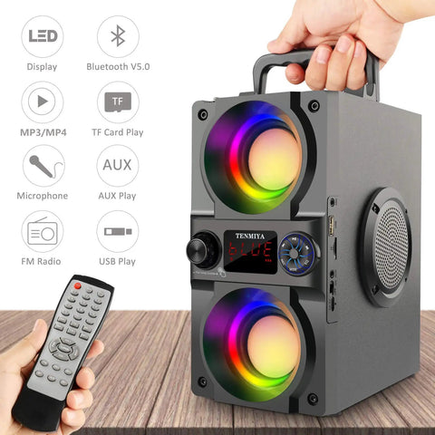 Front view of Beast Mode 40W Portable Bluetooth Speaker with colorful lights, dual subwoofers, and heavy bass, with remote control included.