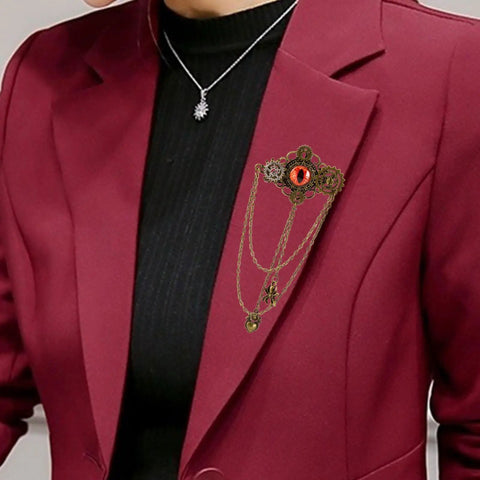 Get That Giddy Up With This Antique Gold Convertible Mechanical Gear Hair Jewelry Pin on a maroon blazer lapel.