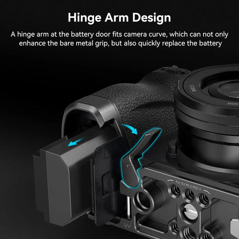 Baseplate For Sony Alpha 6700 With Built In Arca Quick Release Plate And Bottom Mount, showing hinge arm design details.