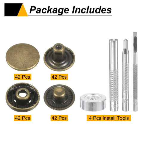 Heavy Duty Leather Snap Fastener Kit 42 Pieces Bronze Tone Press Stud Closure Buttons and 4 Install Tools for canvas projects.