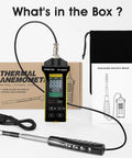 3 In 1 High Precision Digital Hot Wire Anemometer For Air Velocity And Air Flow With CFM CMM Readouts, 0.2 To 67 MPH Range, Temperature 32 To 113 F, Pro Grade Speed And Volume Diagnostics, cable, probe, manual, USB cable