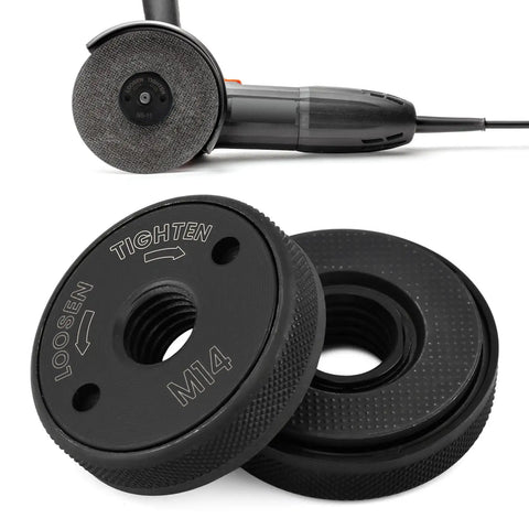 Five Eighths Inch Eleven UNC Threads Angle Grinder Flange Nut For Four And A Half And Five Inch Grinders Handy Quick Change Locking Nut You Can Install By Hand No Wrench Needed Metal Knurled Arbor Nut M14 Compatible Replacement showing close-up of knurled nut next to angle grinder