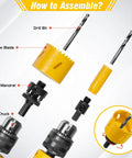 Assembly illustration of Pro Grade Bi Metal Hole Saw Kit 18 Piece M42 Steel Set showing saw blade, drill bit, and mandrel.