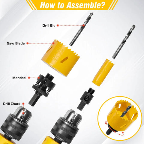 Assembly illustration of Pro Grade Bi Metal Hole Saw Kit 18 Piece M42 Steel Set showing saw blade, drill bit, and mandrel.