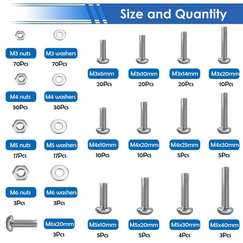 Heavy Duty Workhorse Nuts And Bolts Assortment Kit With Washers And Wood Screws 453 Piece Set M3 M4 M5 M6 Hardware for various sizes and quantities.