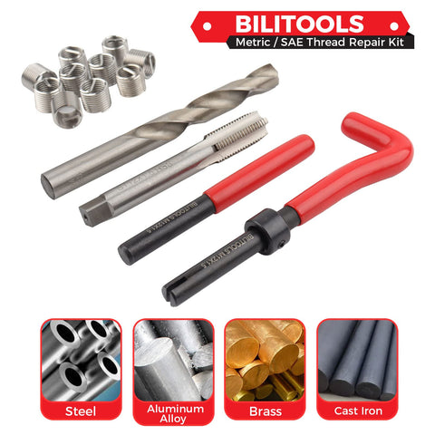5/16-18 Inch Thread Repair Kit with HSS Drill and Helicoil Inserts for SAE Threads with tools and inserts shown