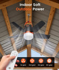 20 Inch Portable Ceiling Fan With Solar Charging And 20000 Mah Battery Includes Wireless Remote showing speed settings and remote control.