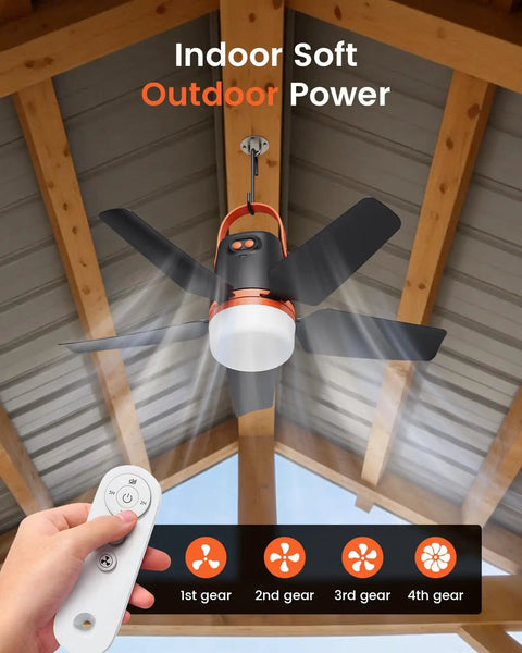 20 Inch Portable Ceiling Fan With Solar Charging And 20000 Mah Battery Includes Wireless Remote showing speed settings and remote control.