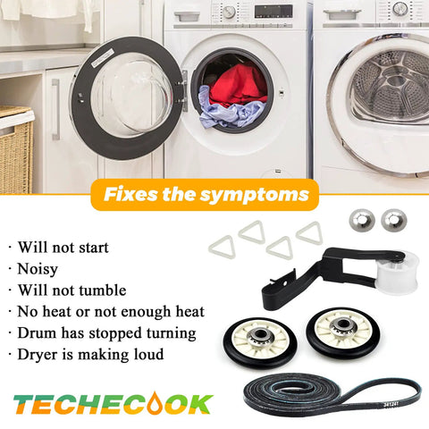 Complete Dryer Repair Kit With Drum Roller 349241T 691366 Idler Pulley And 341241 Belt For Whirlpool And Kenmore Dryers Ninety Two And One Quarter Inch Belt Four Rib Three Groove Replacement with visible kit components and laundry setting.