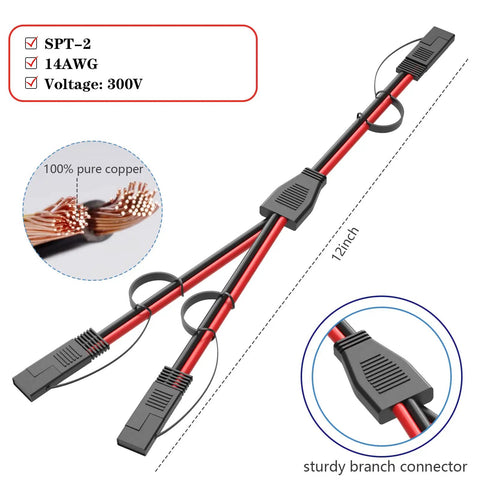 14 AWG SAE Y Splitter Cable With Two SAE Quick Disconnect Plugs 12 Inch DC Power Automotive Adapter, waterproof caps.