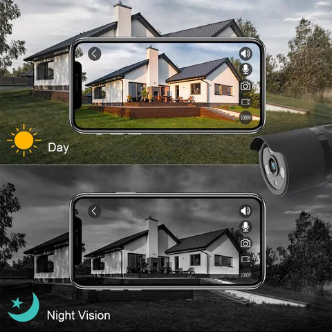 Top Notch 1080P Wifi Outdoor Security Camera With Full Hd Night Vision Ai Motion Detection Instant Phone Alerts display day and night vision on smartphone in front of a house.