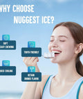 Woman smiling while holding chewable nugget ice, with benefits of ice including tooth-friendly and flavor retention shown