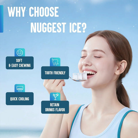 Woman smiling while holding chewable nugget ice, with benefits of ice including tooth-friendly and flavor retention shown