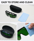 Heavy Duty Blue Laser Safety Glasses With OD4 Plus Lens Block 400nm To 500nm Wavelengths For Engraving Workbenches And DIY Crews In Matte Black Frames easy storage and cleaning accessories shown.