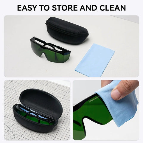 Heavy Duty Blue Laser Safety Glasses With OD4 Plus Lens Block 400nm To 500nm Wavelengths For Engraving Workbenches And DIY Crews In Matte Black Frames easy storage and cleaning accessories shown.