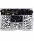 For CB125R CB250R CB300R CB400X CB500X Bike Ready Motorcycle Fairing Bolts Kit Nut Clips Screw Assortment 195Pcs Stainless Steel Hardware Set Built For Your Ride Fast Silver case with assorted silver screws, nuts, and black clips