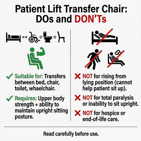Patient Lift Transfer Chair guidance infographic for safe transfers, includes uses and limitations for elderly care.