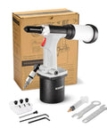 Heavy Duty Pneumatic Air Rivet Gun And Hydraulic Riveter With Self Suction Auto Feed, tools and accessories displayed.