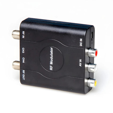 Coaxial RF Modulator And AV To RF Converter for classic gaming, showing inputs for Composite AV, CH3/CH4, RF out, PS2, PS3, PS4, DVD, VCR.