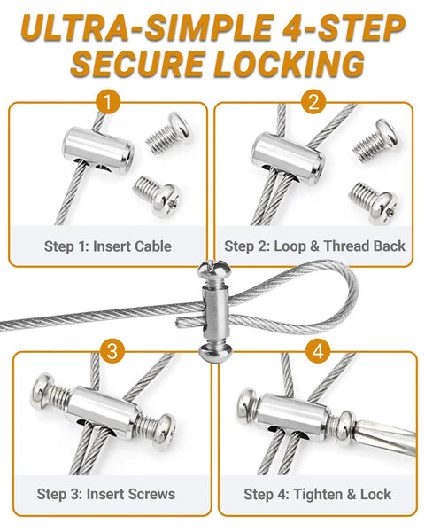 Image showing a 4-step secure locking system for the Heavy Duty 4 Pack Ceiling Rod Supports, 59 Inch Adjustable Stainless Steel Brackets.