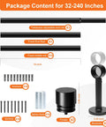 Heavy Duty Extra Long Curtain Rods for Those Huge Windows and Sliding Doors Adjustable From 12 to 20 Feet 1 Inch Thick Metal Brackets Black Drapery Rod for Living Room Patio and Outdoor Spaces package contents including rods, brackets, screws, and finials.