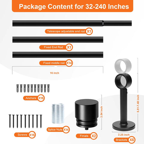 Heavy Duty Extra Long Curtain Rods for Those Huge Windows and Sliding Doors Adjustable From 12 to 20 Feet 1 Inch Thick Metal Brackets Black Drapery Rod for Living Room Patio and Outdoor Spaces package contents including rods, brackets, screws, and finials.