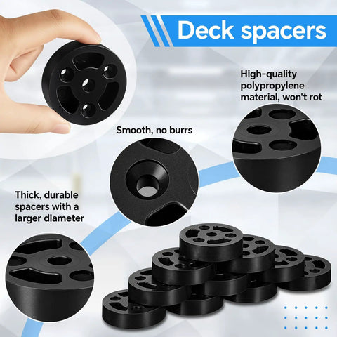 Heavy Duty Deck Ledger Spacers Bulk Pack Featuring Two Inch Round Base And Half Inch Width For No Sweat Installation Plus Top Notch Drainage On Your Next Backyard Build, showing thick black polypropylene spacers.