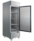 Heavy Duty 23 Cubic Foot Stainless Steel Commercial Upright Freezer Frost Free Convertible Refrigerator with open door and adjustable racks.