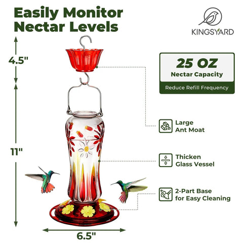 Glass Hummingbird Feeder For Outdoors Hanging 25 Oz Leak Proof Red With Ant Moat And Six Bee Proof Feeding Ports Easy To Clean And Refill Great For Garden Watching And Bird Lovers shown with dimensions and features.