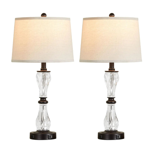 Three Way Dimmable Touch Control Glass Table Lamps Set Of Two With USB Ports And AC Outlet, 26 Inch Bedside Lamps