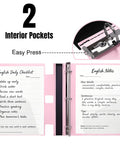 Four Pack 1 Inch 3 Ring Binders With 360 Degree Foldable Design Rotatable Covers in pink, shown opened with interior pockets.